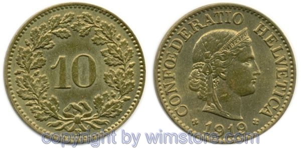Schweiz, 10 Rappen 1919, KM 27a, Messing, vz
