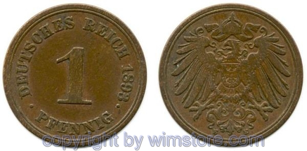 Deutsches Kaiserreich, 1 Pfennig 1893 E, KM 10, Kupfer, -ss