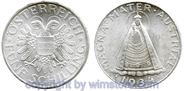 1. Republik, 5 Schilling 1934, Magna Mater, J 445, Silber, vz-st