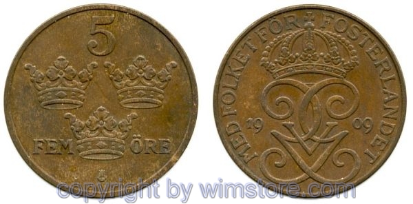 Schweden, 5 Öre 1909, KM 779.2, Bronze