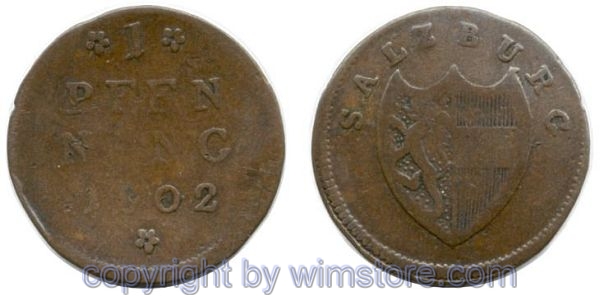 Salzburg 1772 - 1803, Hieronymus Graf Colloredo, 1 Pfennig 1802, Pr. 2600, Kupfer, s