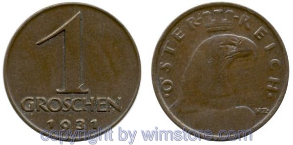 1. Republik, 1 Groschen 1931, J 424, Bronze, ss