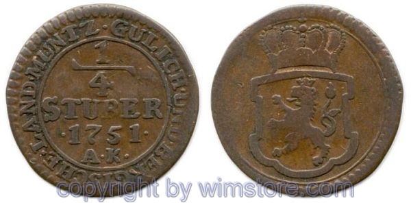 Jülich Berg, 1/4 Stuber 1751 AK, KM 200, Kupfer, -ss