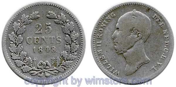 Niederlande, 25 Cents 1848, Punkt nach Datum, KM 76, Silber, s