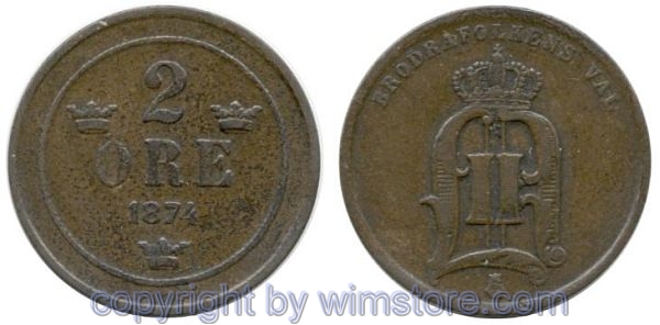Schweden, 2 Öre 1874, KM 515, (735) Bronze, -ss, winz. Rs.