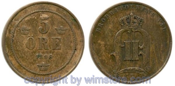 Schweden, 5 Öre 1896, KM 757, Bronze, -ss