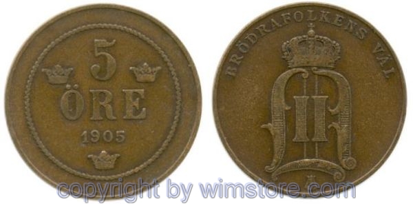 Schweden, 5 Öre 1905, KM 757, Bronze, -ss