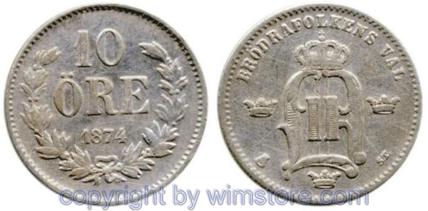 Schweden, 10 Öre 1874 ST, KM 517, Billon, ss