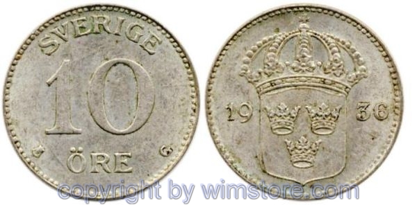 Schweden, 10 Öre 1936, 6 kurz, KM 780, Billon, vz-st