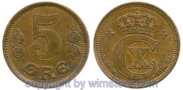 Dänemark, 5 Öre 1916 VBP-GJ, KM 814.1, Bronze, ss-vz