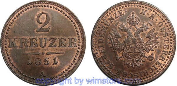 Franz Josef I., 2 Kreuzer 1851 A, J 287, Kupfer, vz-st, Sf.