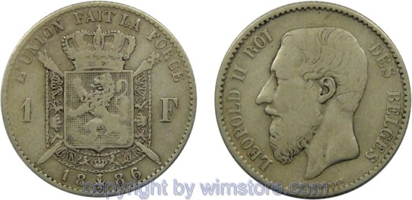 Belgien FR, 1 Franc 1886/66, KM 28.1, Silber, s