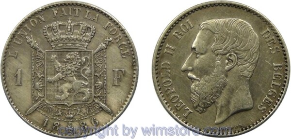 Belgien FR, 1 Franc 1886/66, KM 28.1, Silber, ss
