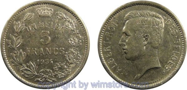 Belgien FR, Belgien FR, 5 Francs = Un Belga 1934, KM 97.1, Nickel, -ss