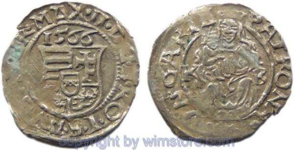 Maximilian II. 1564 - 1576, Denar 1566 KB, Hus 992, Silber, ss