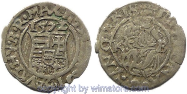 Maximilian II., Denar 1572 KB, Hus 992, Silber, -ss