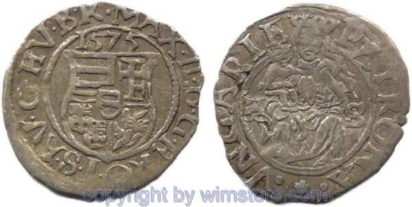 Maximilian II., Denar 1575 KB, Hus 992, Silber, -ss