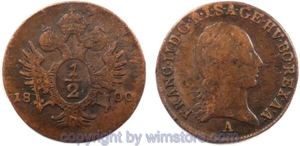 Franz II./I., 1/2 Kreuzer 1800 A, Wien, Her 1091, Kupfer, s-ss
