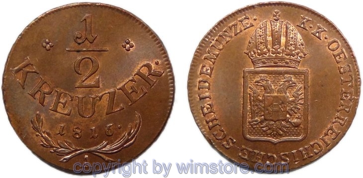 Franz II./I., 1/2 Kreuzer 1816 A, Wien, Her 1114, Kupfer, -st