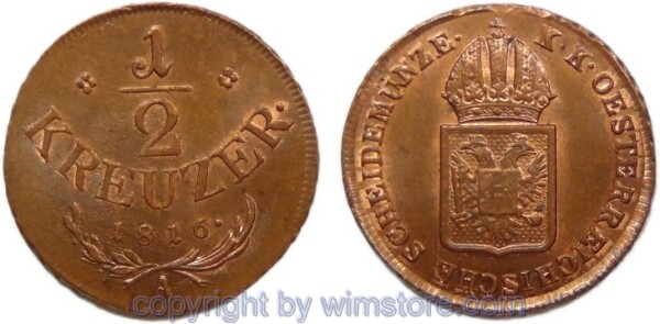 Franz II./I., 1/2 Kreuzer 1816 A, Wien, Her 1114, Kupfer, -st