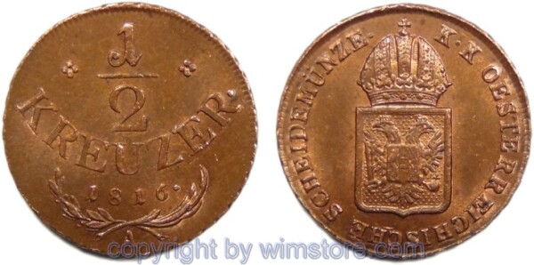 Franz II./I., 1/2 Kreuzer 1816 A, Wien, Her 1114, Kupfer, -st