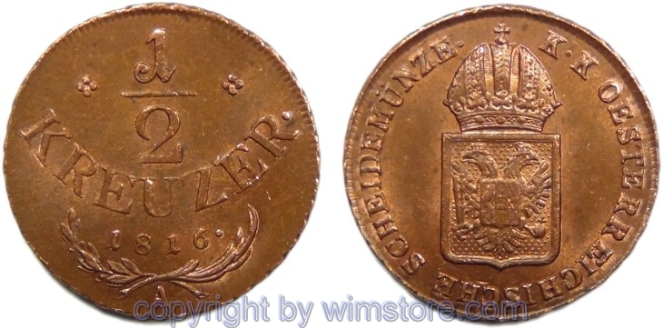 Franz II./I., 1/2 Kreuzer 1816 A, Wien, Her 1114, Kupfer, -st