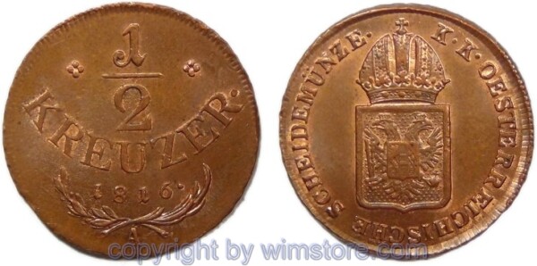Franz II./I., 1/2 Kreuzer 1816 A, Wien, Her 1114, Kupfer, -st