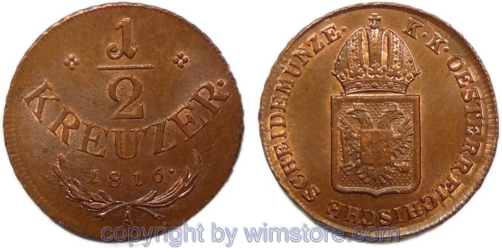 Franz II./I., 1/2 Kreuzer 1816 A, Wien, Her 1114, Kupfer, -st