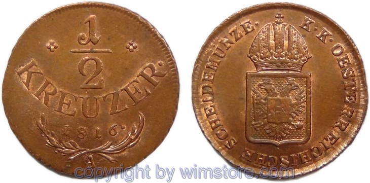Franz II./I., 1/2 Kreuzer 1816 A, Wien, Her 1114, Kupfer, -st