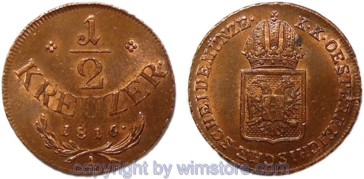 Franz II./I., 1/2 Kreuzer 1816 A, Wien, Her 1114, Kupfer, -st, fleckig