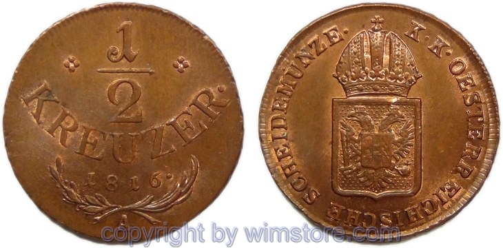 Franz II./I., 1/2 Kreuzer 1816 A, Wien, Her 1114, Kupfer, -st, fleckig