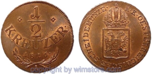 Franz II./I., 1/2 Kreuzer 1816 A, Wien, Her 1114, Kupfer, -st, fleckig