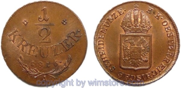 Franz II./I., 1/2 Kreuzer 1816 A, Wien, Her 1114, Kupfer, vz-st