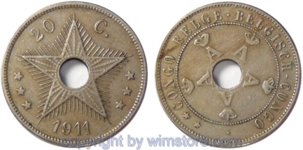 Belgisch Kongo, 20 Centimes 1911, KM 19, Ku/Ni, ss
