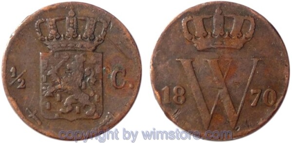 Niederlande, 1/2 Cent 1870, KM 90, Kupfer, s, Rsn.