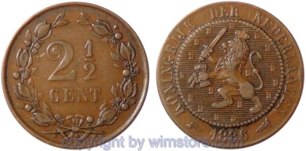 Niederlande, 2 1/2 Cents 1886, KM 108.1, Bronze, ss-vz
