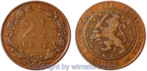 Niederlande, 2 1/2 Cents 1890, KM 108.2, Bronze, s-ss