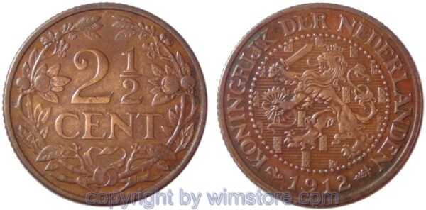Niederlande, 2 1/2 Cents 1912, KM 150, Bronze, ss