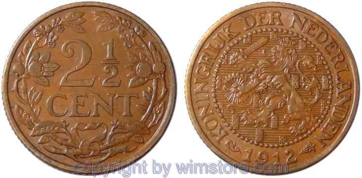 Niederlande, 2 1/2 Cents 1912, KM 150, Bronze, ss-vz