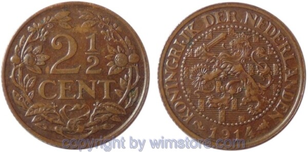 Niederlande, 2 1/2 Cents 1914, KM 150, Bronze, ss-vz