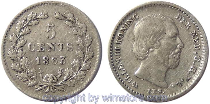 Niederlande, 5 Cents 1863, KM 91, Silber, ss