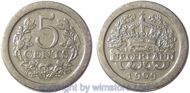 Niederlande, 5 Cents 1909, KM 137, Ku/Ni, ss, winz. Rs.