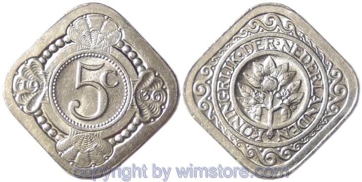 Niederlande, 5 Cents 1936, KM 153, Ku/Ni, -st