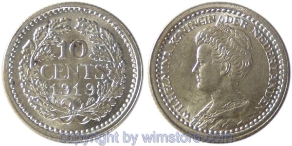 Niederlande, 10 Cents 1919, KM 145, Silber, -st