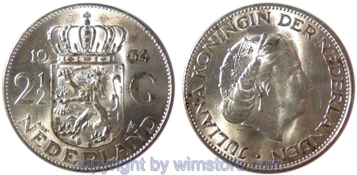 Niederlande, 2 1/2 Gulden 1964, KM 185, Silber, vz-st