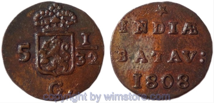 Niederländisch Ostindien, Batavische Republik, 1/2 Duit 1808, KM 75, Kupfer, vz