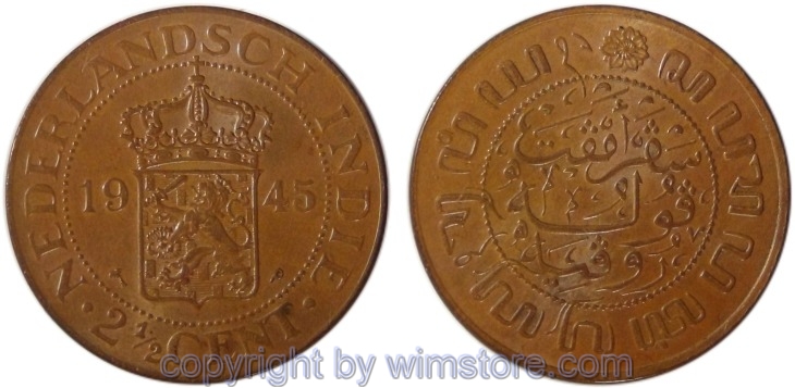 Niederländisch Ostindien, 2 1/2 Cents 1945 P, KM 316, Bronze, vz