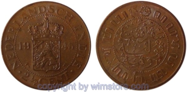 Niederländisch Ostindien, 2 1/2 Cents 1945 P, KM 316, Bronze, vz