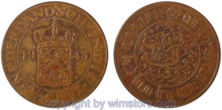 Niederländisch Ostindien, 2 1/2 Cents 1945 P, KM 316, Bronze, ss