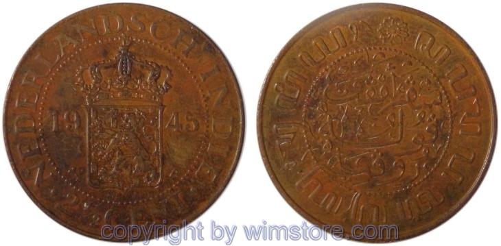 Niederländisch Ostindien, 2 1/2 Cents 1945 P, KM 316, Bronze, ss
